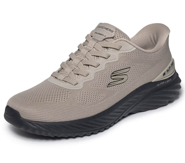 Skechers 233459 Bounder 3.0 - Reocurrence Mens Taupe Black Textile Shoes, left side view.