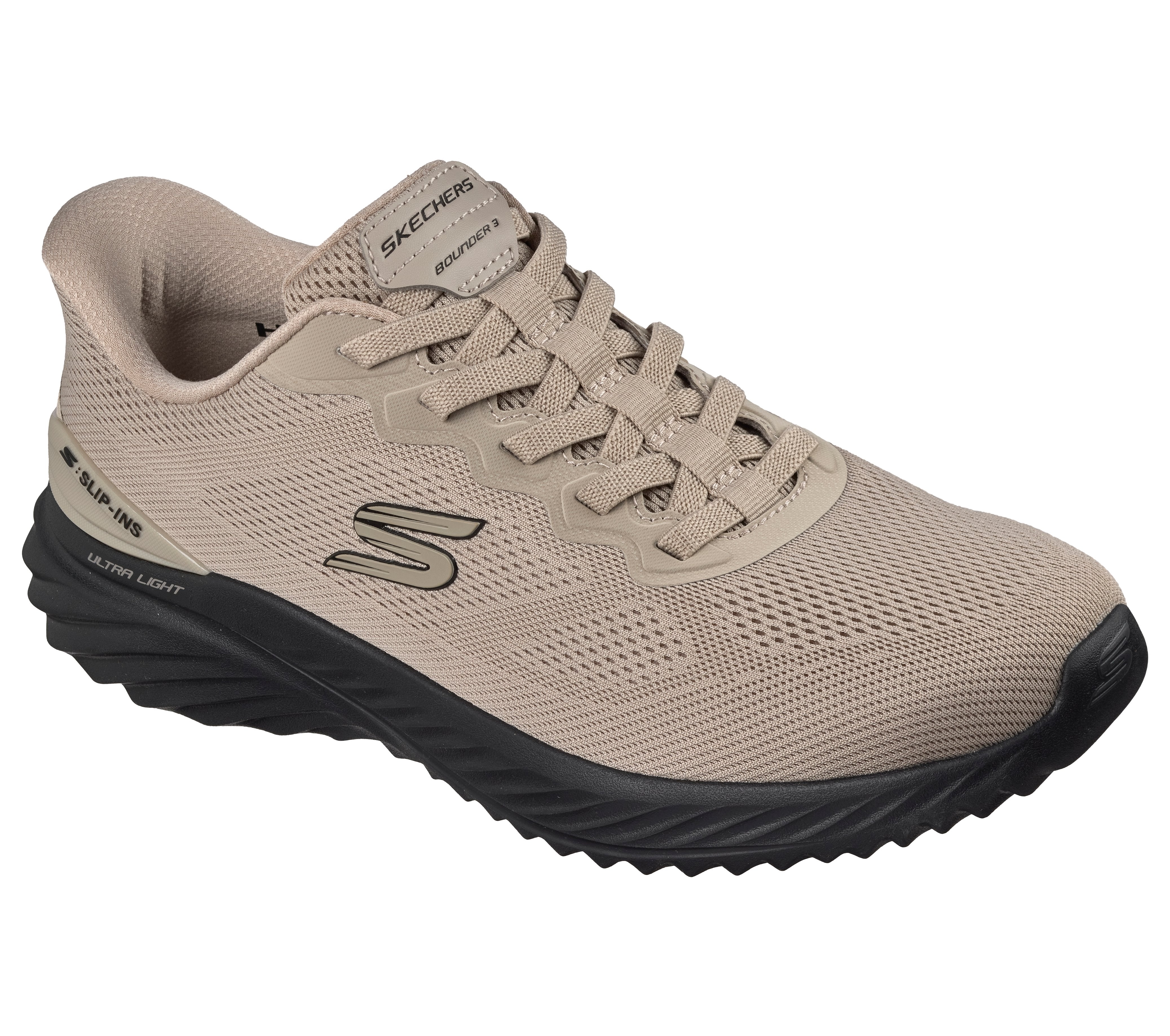 Skechers 233459 Bounder 3.0 - Reocurrence Mens Taupe Black Textile Shoes, outer side view.