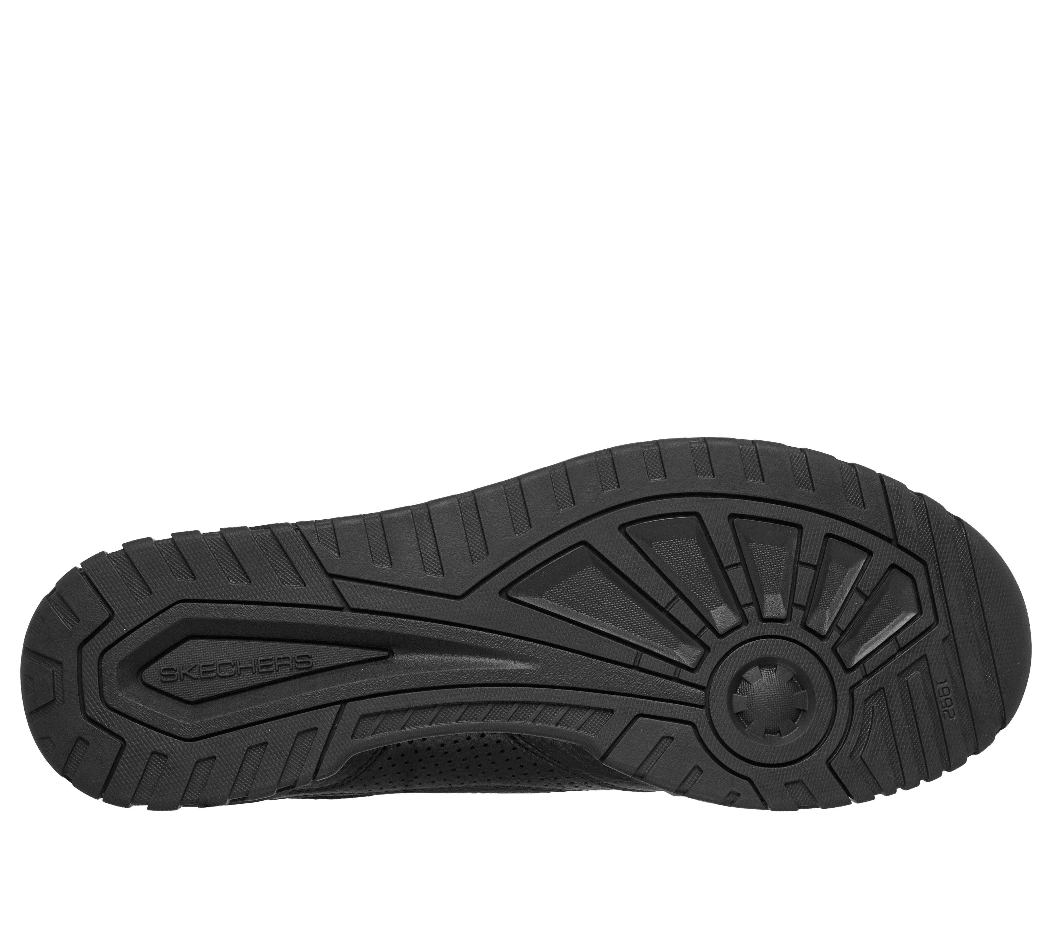 Skechers 254179 S-1992 - Troize Mens Black Leather Mix Trainers, sole and tread view.