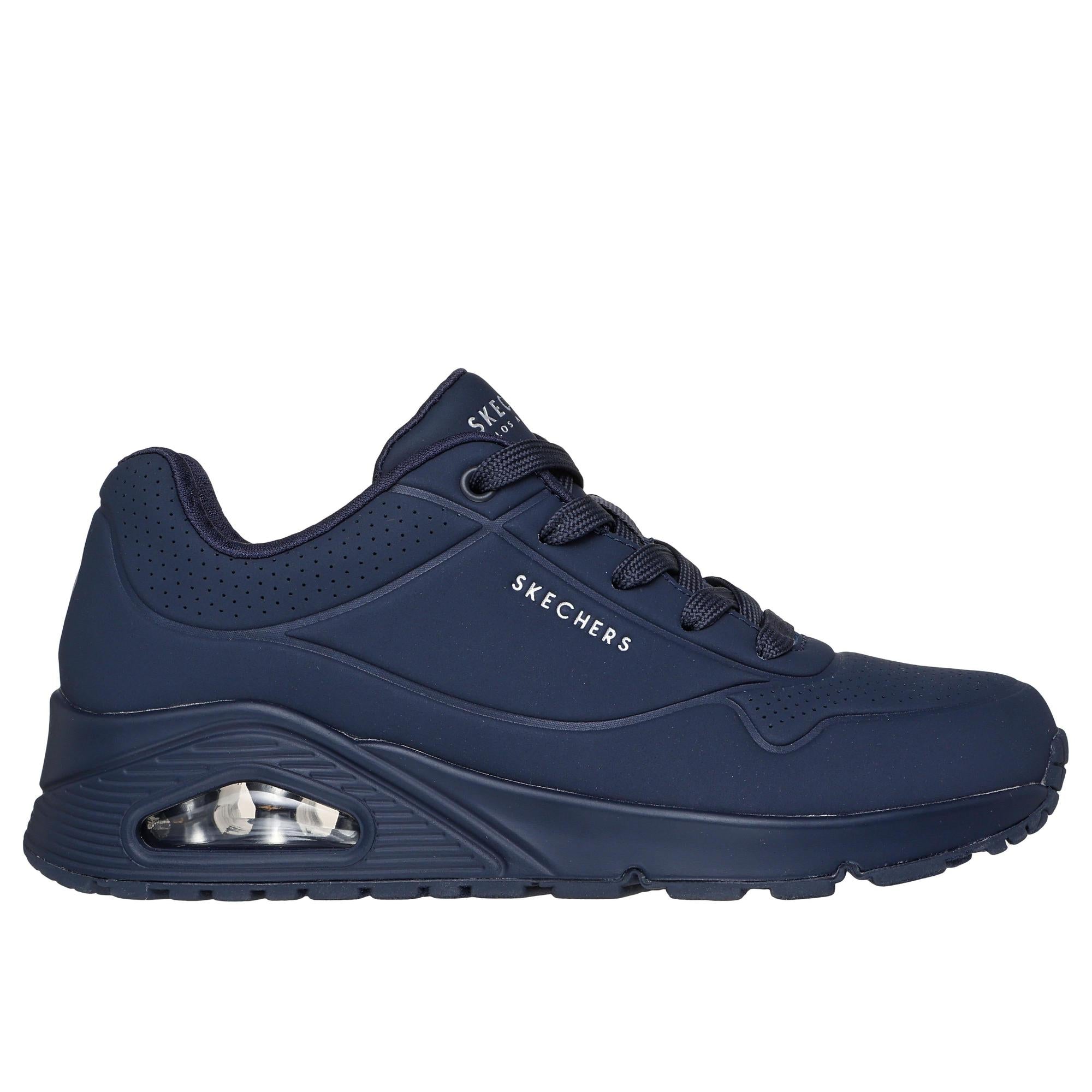 Skechers 73690 Uno - Stand On Air Ladies Dark Navy Lace Up Trainers, front three-quarter view.