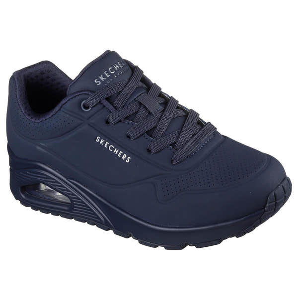 Skechers 73690 Uno - Stand On Air Ladies Dark Navy Lace Up Trainers, outer side view.