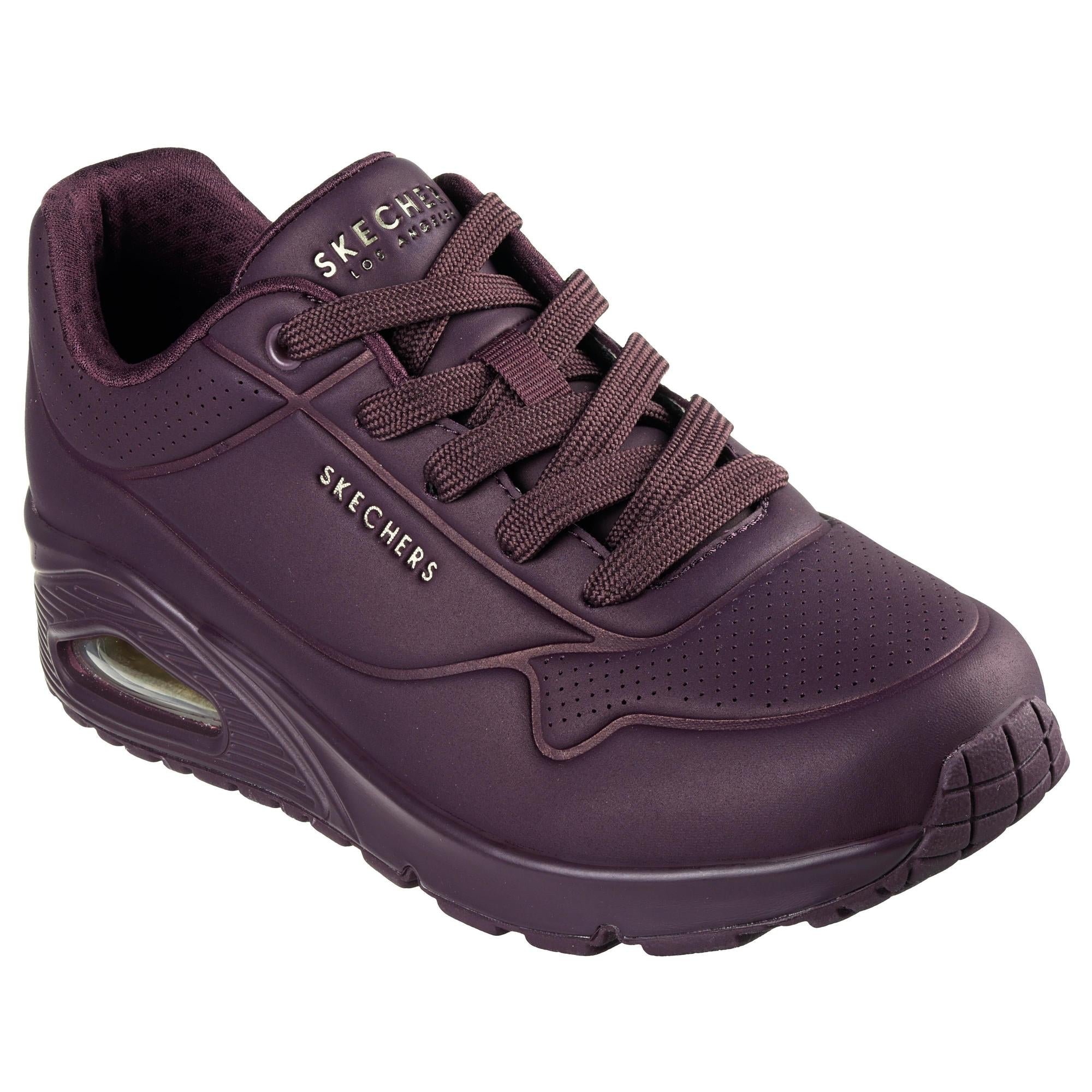 Skechers 73690 Uno - Stand On Air Ladies Wine Lace Up Trainers, outer side view.