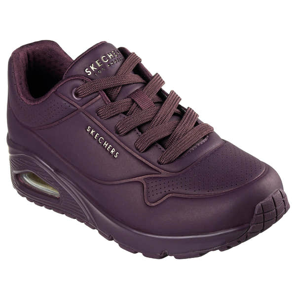 Skechers 73690 Uno - Stand On Air Ladies Wine Lace Up Trainers, outer side view.