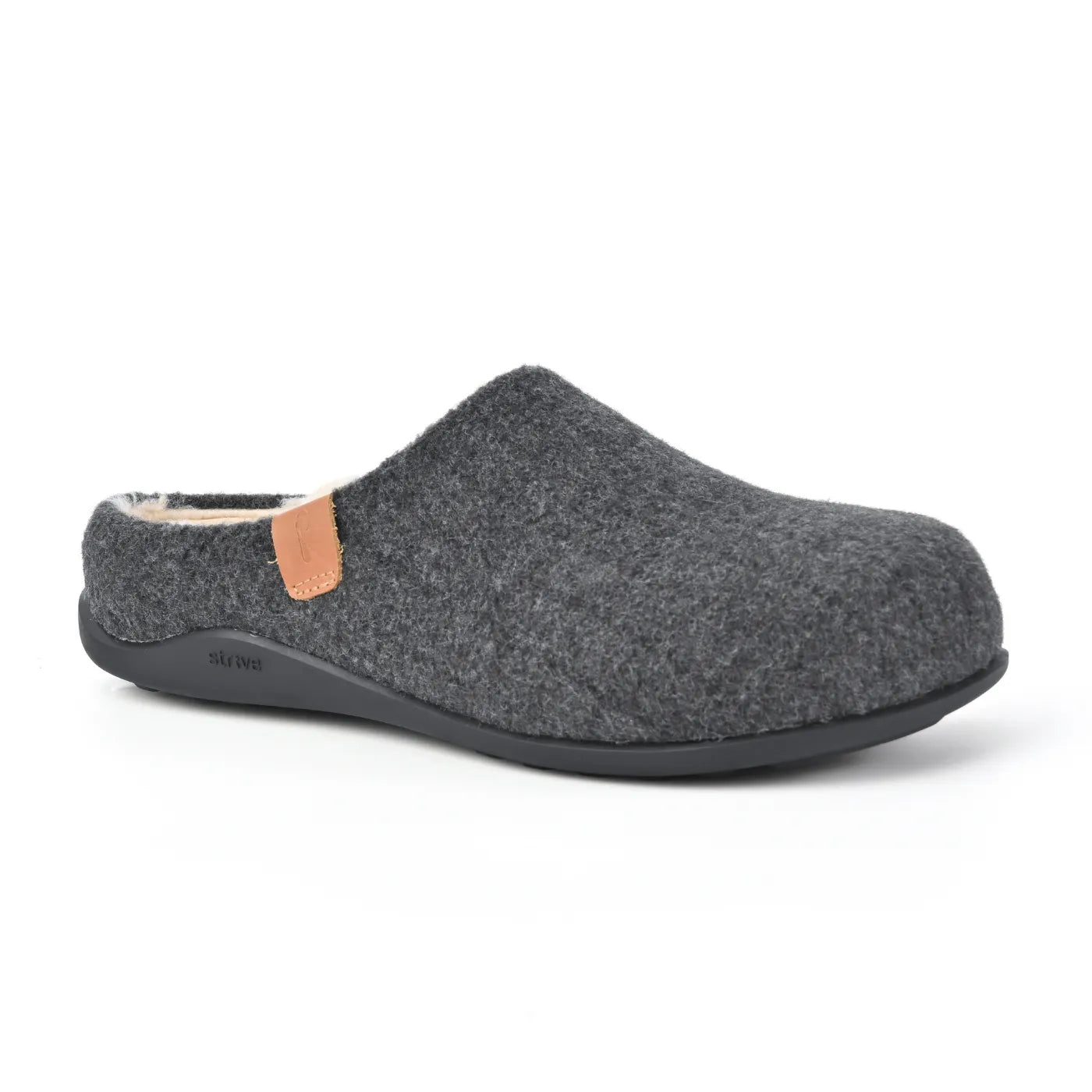 Strive Copenhagen II grey slipper, three-quarter view showing the felt upper and low back