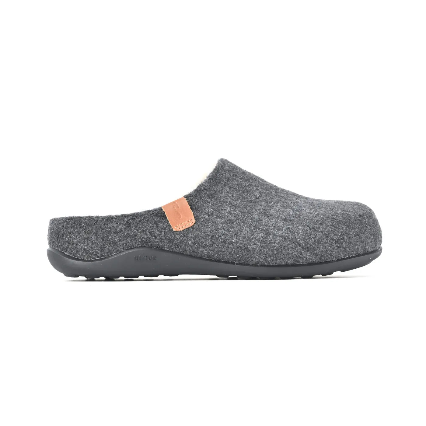 Strive Copenhagen II grey slipper, side profile showing the felt upper and low back