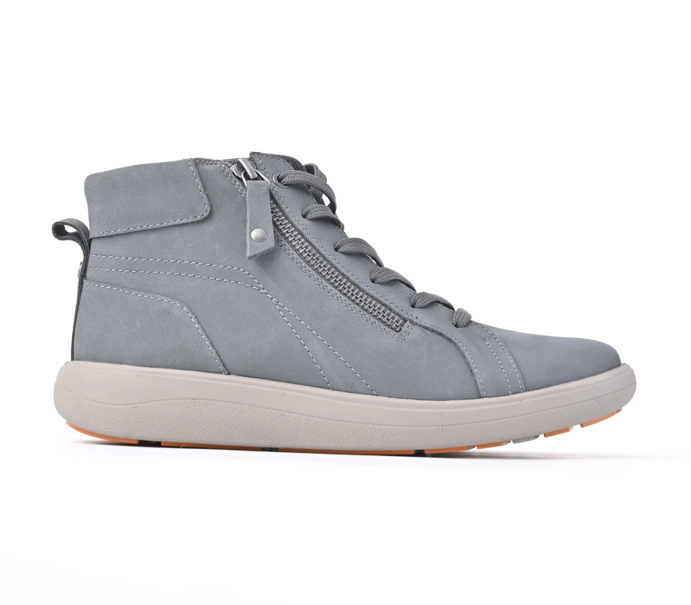 Strive Kensington grey ankle boot, side profile showing the zip and laces