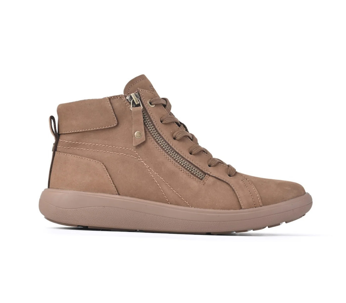 Strive Kensington tan ankle boot, side profile showing the zip and laces