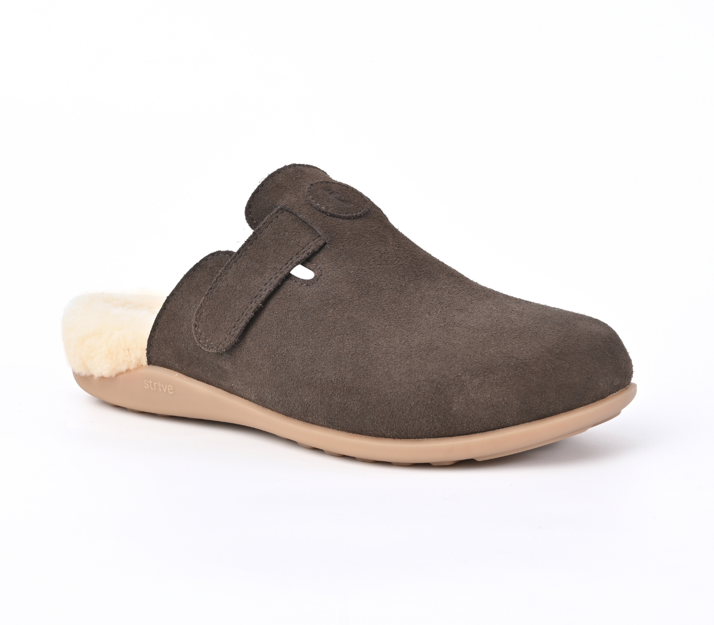 Strive Oslo II chocolate brown slipper, three-quarter view showing the instep strap and open heel
