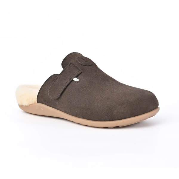 Strive Oslo II chocolate brown slipper, three-quarter view showing the instep strap and open heel