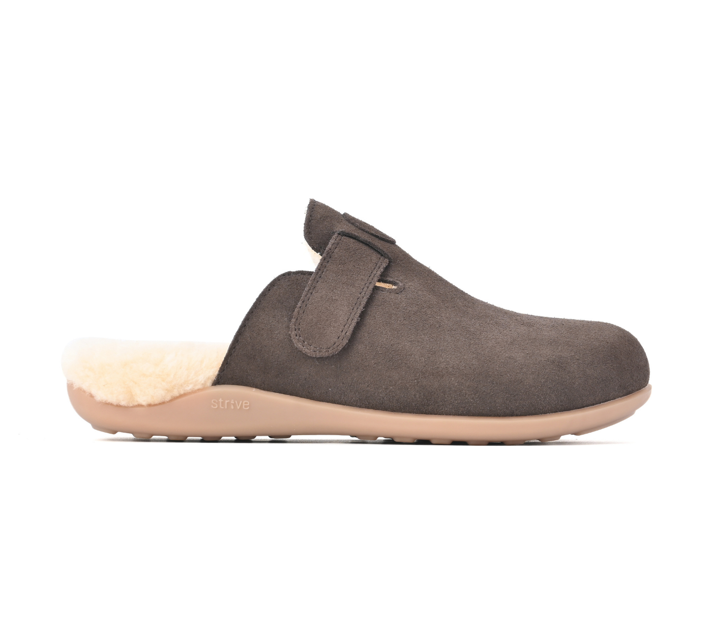 Strive Oslo II chocolate brown slipper, side profile showing the instep strap and open heel