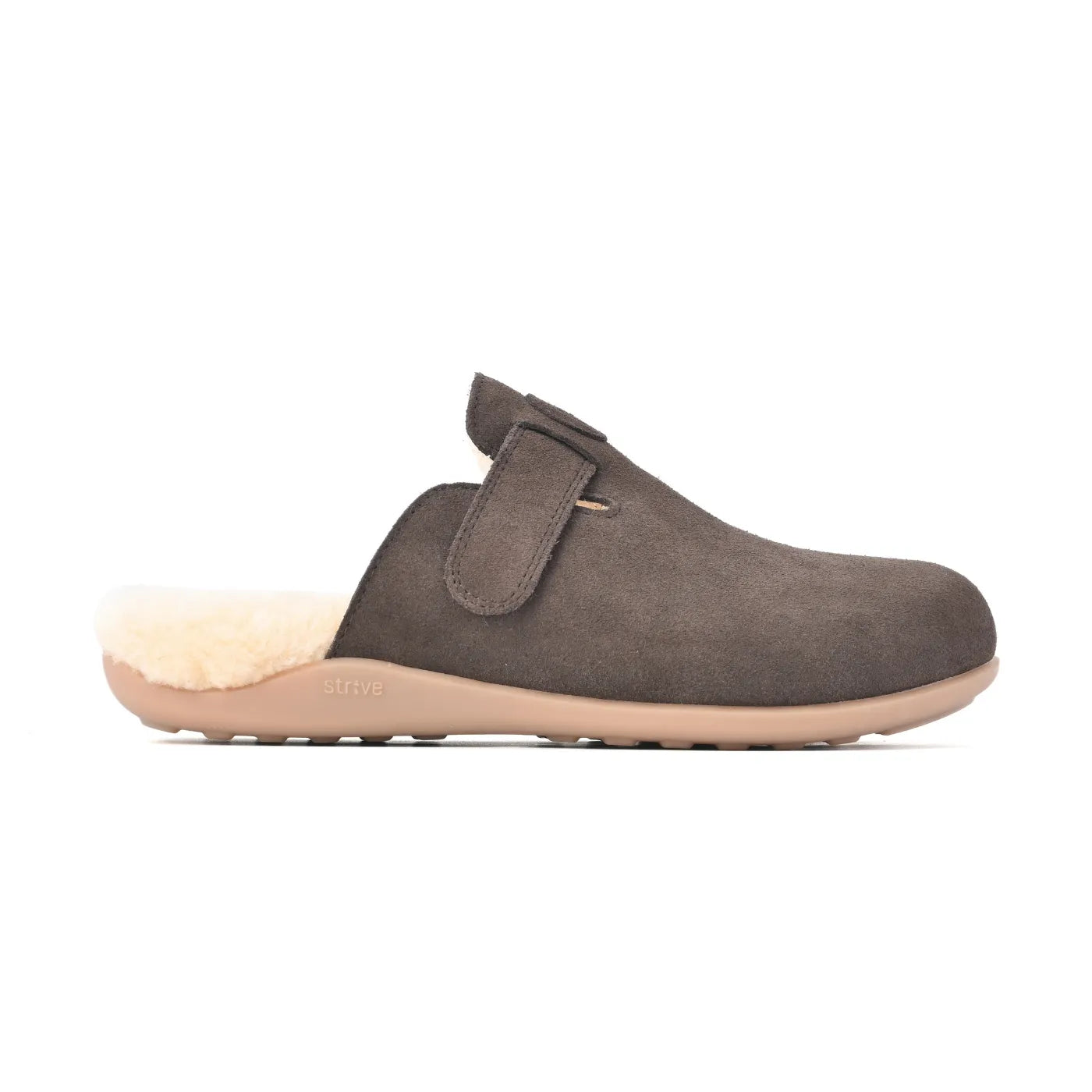 Strive Oslo II chocolate brown slipper, side profile showing the instep strap and open heel