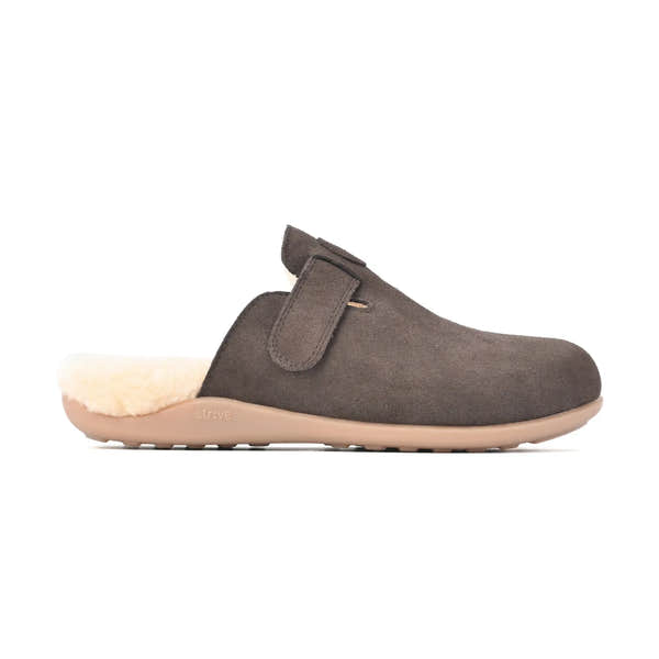 Strive Oslo II chocolate brown slipper, side profile showing the instep strap and open heel
