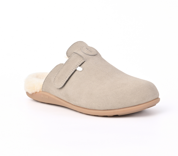 Strive Oslo II grey slipper, three-quarter view showing the instep strap and open heel