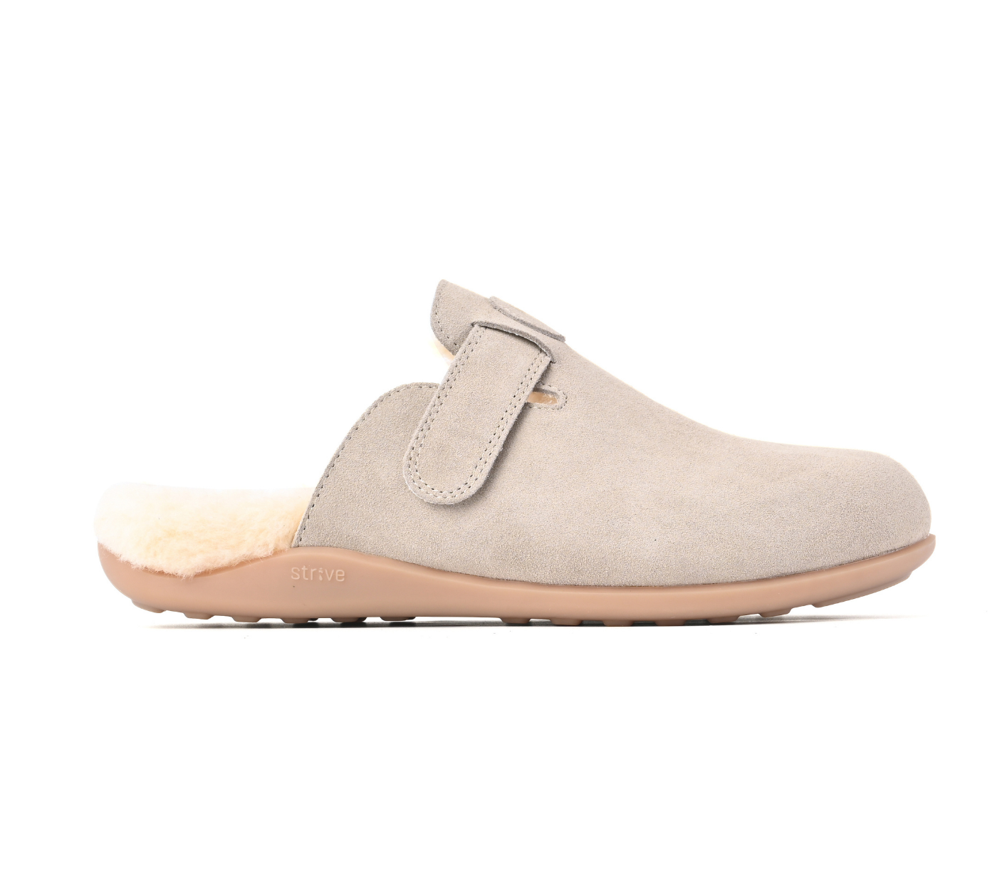 Strive Oslo II grey slipper, side profile showing the instep strap and open heel