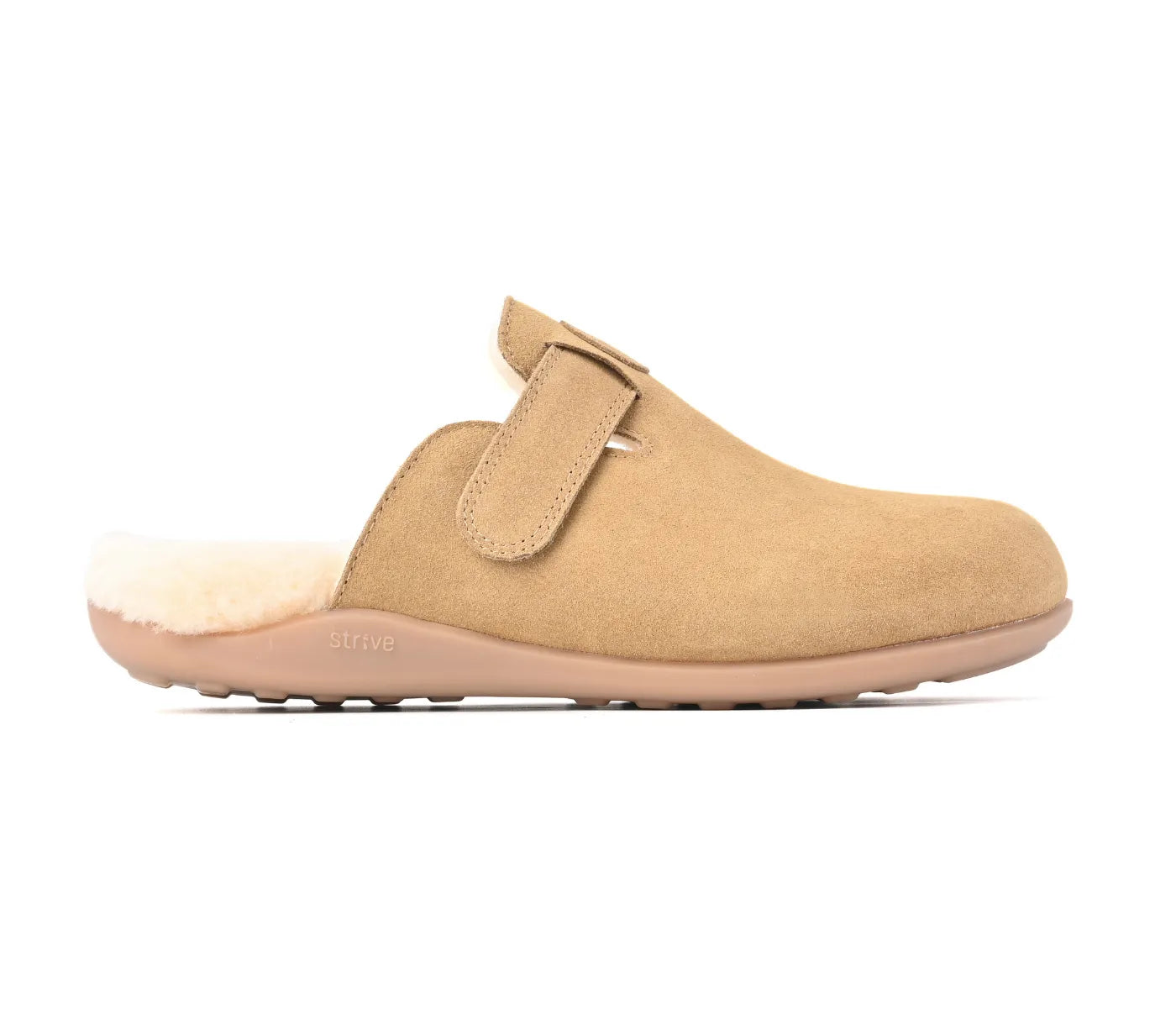 Strive Oslo II iced coffee tan slipper, side profile showing the instep strap and open heel