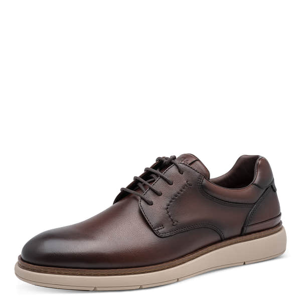 Tamaris men's mocca brown leather lace-up shoe, front three-quarter view.