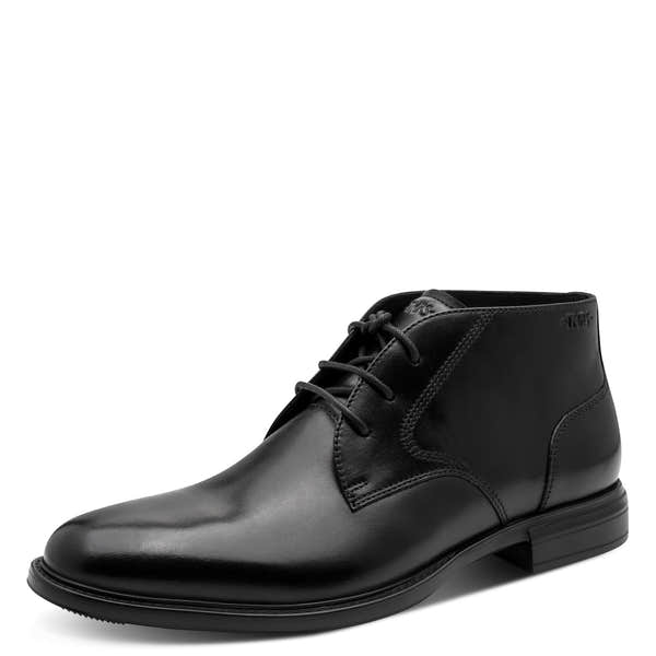 Tamaris men's black leather lace-up chukka boot, front three-quarter view.
