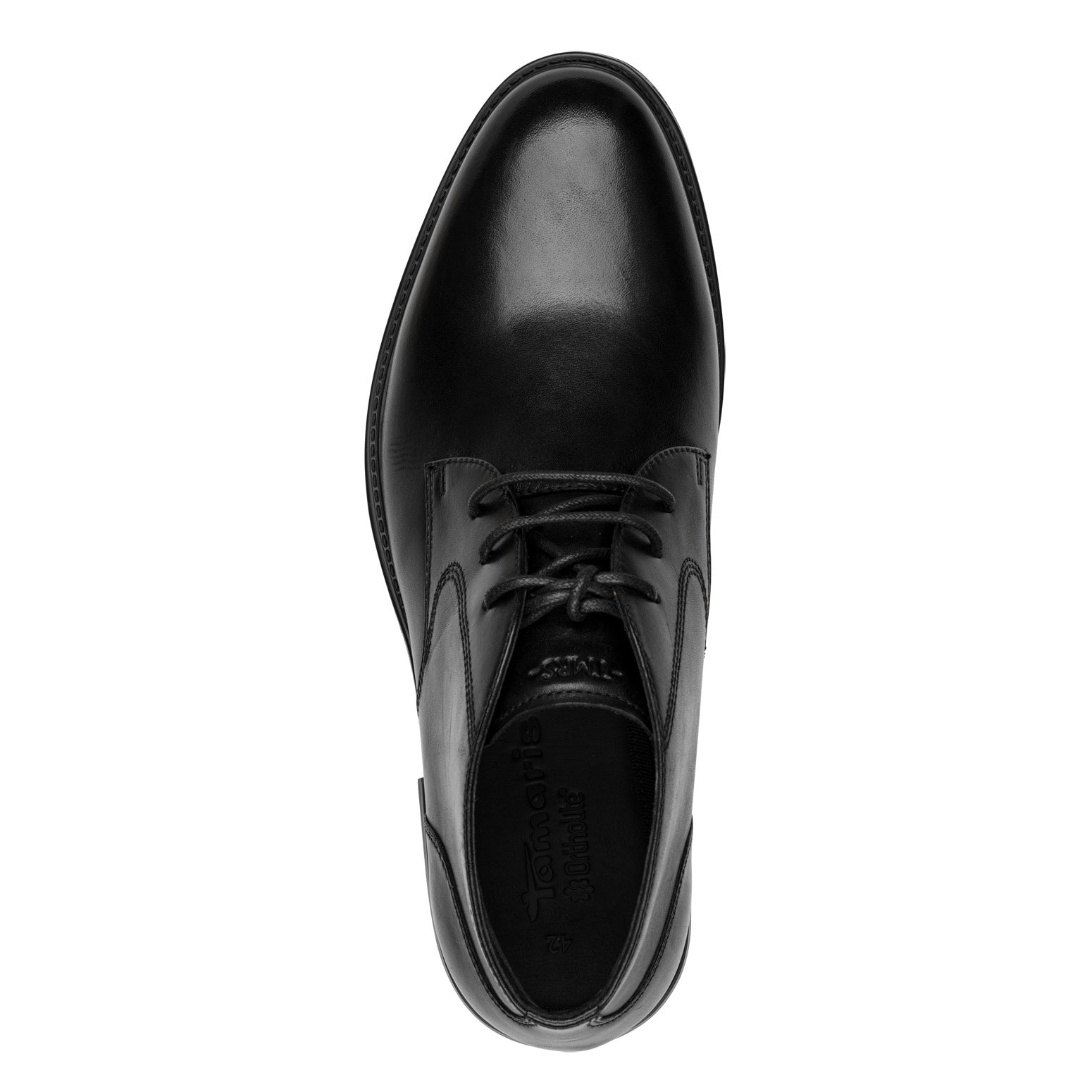 Top view of the black Tamaris chukka boot showing the laces, toe shape and ankle opening.