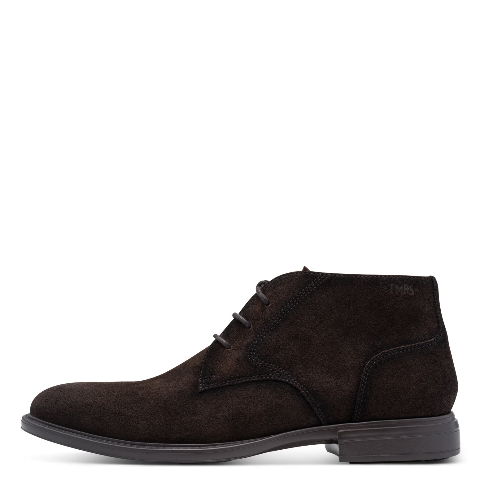 Outer side of the brown suede Tamaris chukka boot showing the suede panels, stitching and sole.