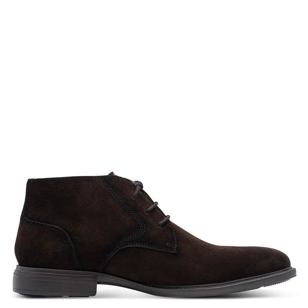 Inner side of the brown suede Tamaris chukka boot showing the lace fastening and ankle collar.
