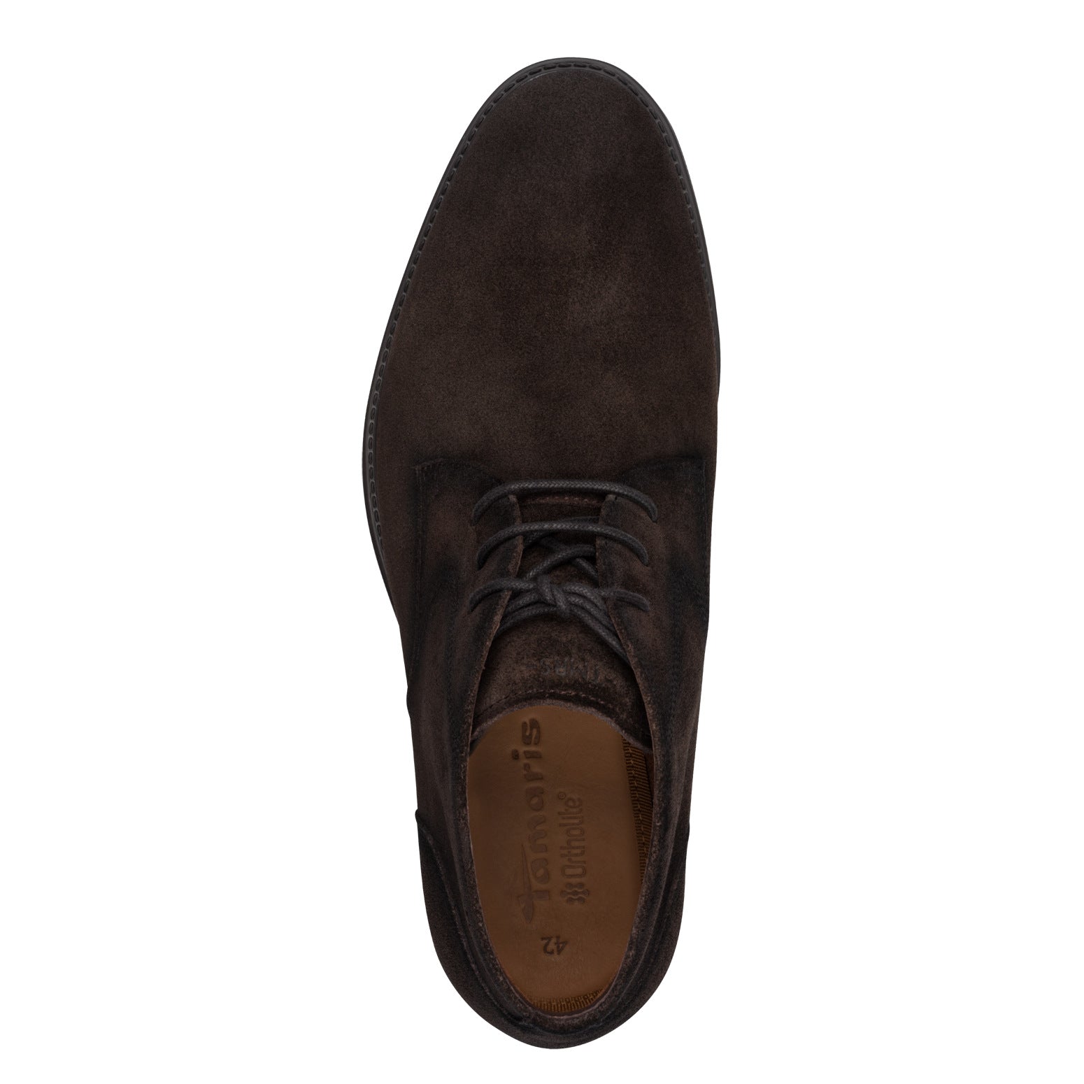 Top view of the brown suede Tamaris chukka boot showing the laces, toe shape and ankle opening.