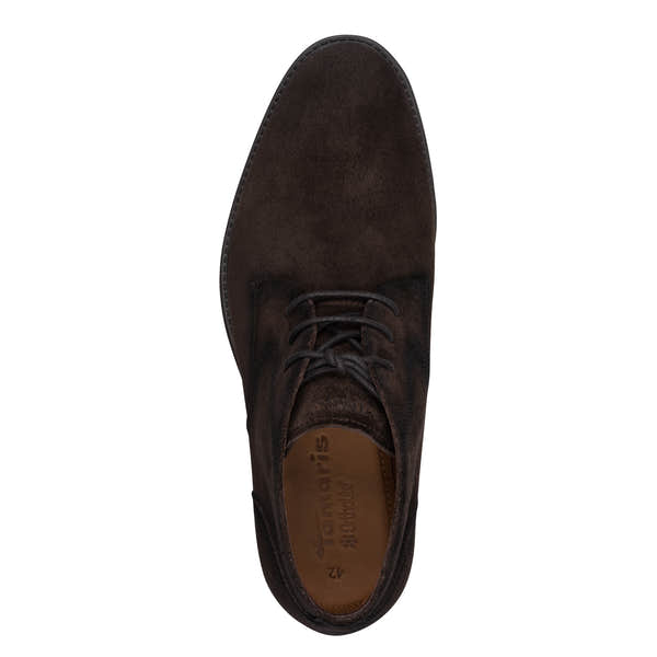 Top view of the brown suede Tamaris chukka boot showing the laces, toe shape and ankle opening.