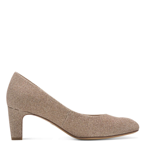 Inner side of the rose gold textile Tamaris court shoe showing the court shoe profile and heel.