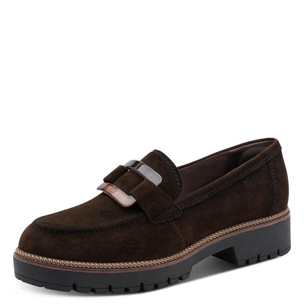Tamaris women's mocca brown suede leather loafer, front three-quarter view.