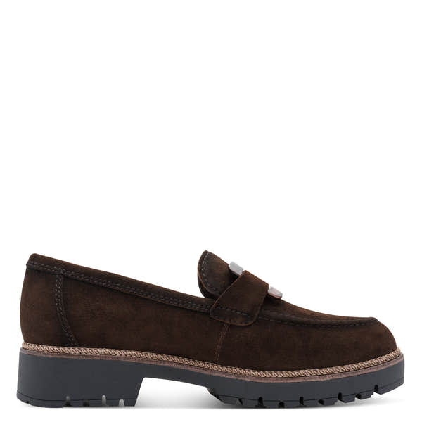 Inner side of the mocca brown Tamaris loafer showing the loafer profile and low heel.