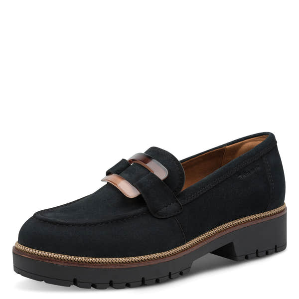Tamaris women's navy suede leather loafer, front three-quarter view.