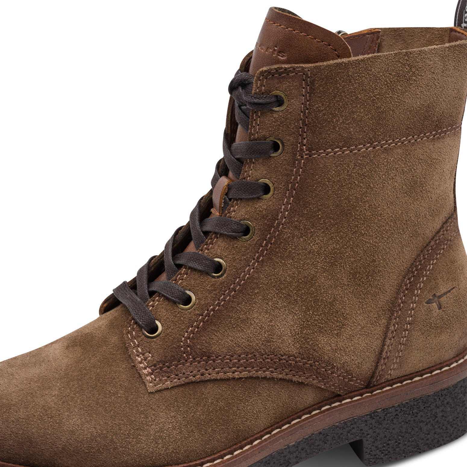 Close-up of the camel Tamaris zip and lace ankle boot showing the mixed leather panels, stitching and hardware.
