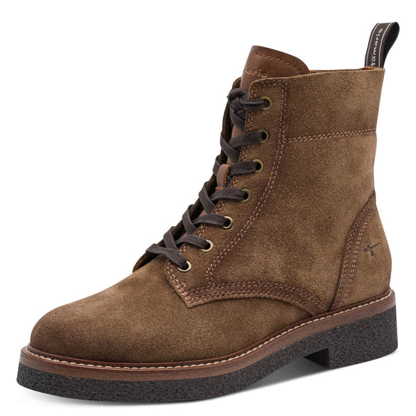 Tamaris women's camel combi leather zip and lace ankle boot, front three-quarter view.