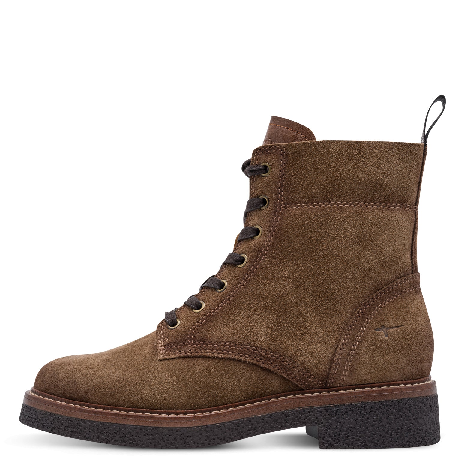 Outer side of the camel Tamaris zip and lace ankle boot showing the mixed leather panels, stitching and sole.