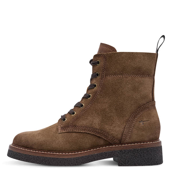 Outer side of the camel Tamaris zip and lace ankle boot showing the mixed leather panels, stitching and sole.