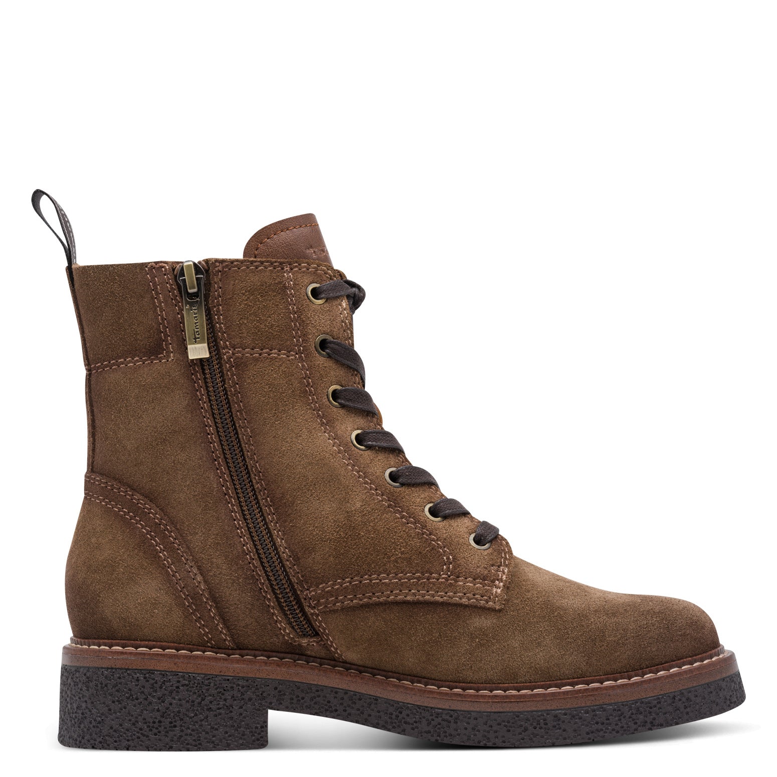 Inner side of the camel Tamaris zip and lace ankle boot showing the side zip, laces and sole.