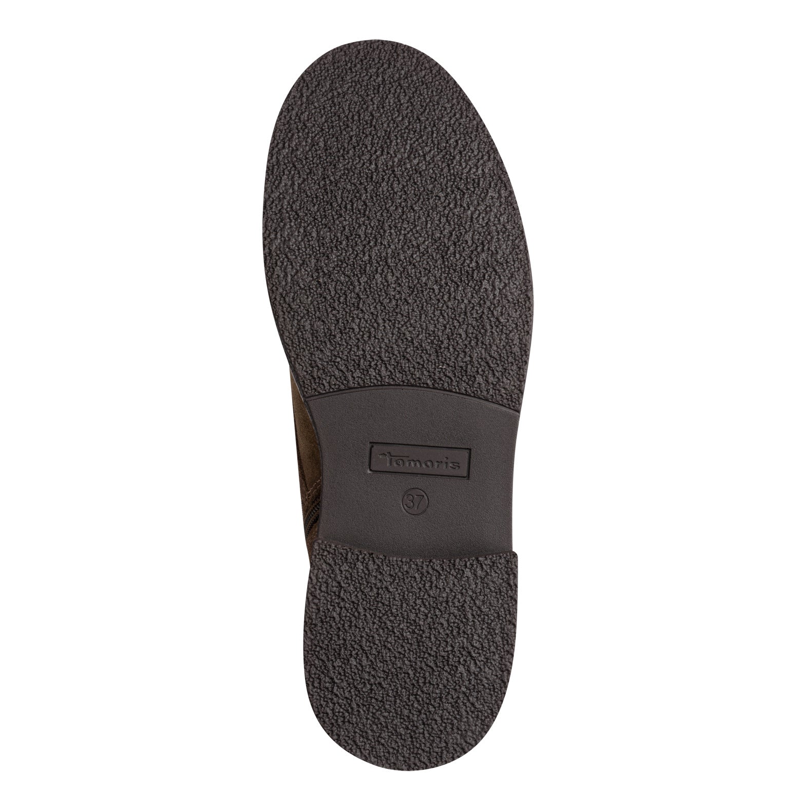 Underside of the camel Tamaris zip and lace ankle boot showing the sole and tread pattern.
