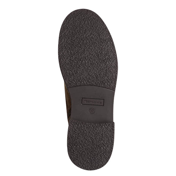 Underside of the camel Tamaris zip and lace ankle boot showing the sole and tread pattern.