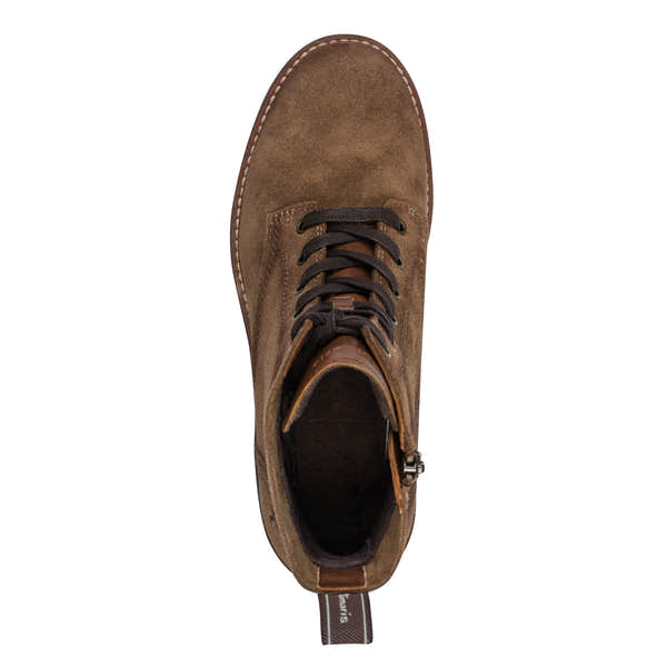 Top view of the camel Tamaris zip and lace ankle boot showing the laces, toe shape and ankle opening.
