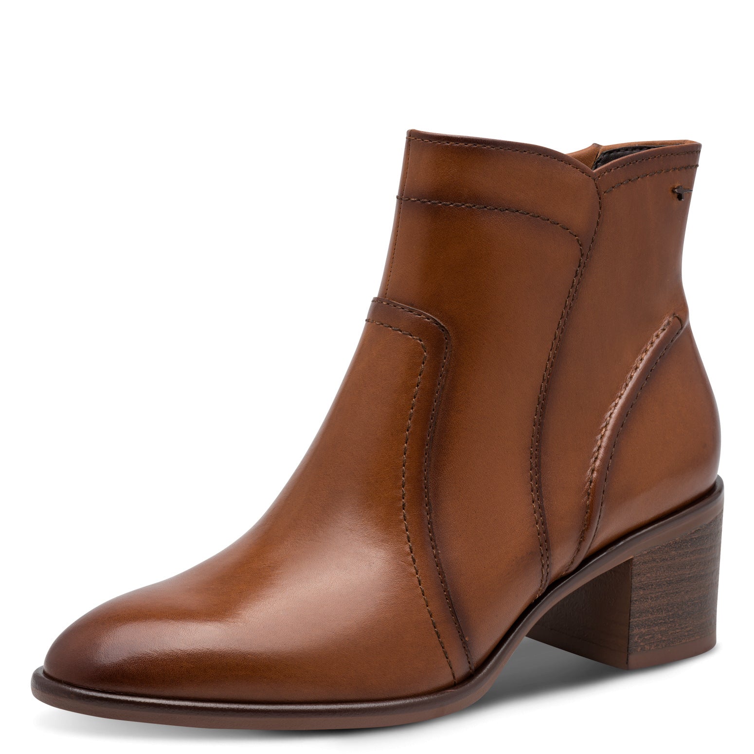 Tamaris women's cognac leather side zip ankle boot with block heel, front three-quarter view.