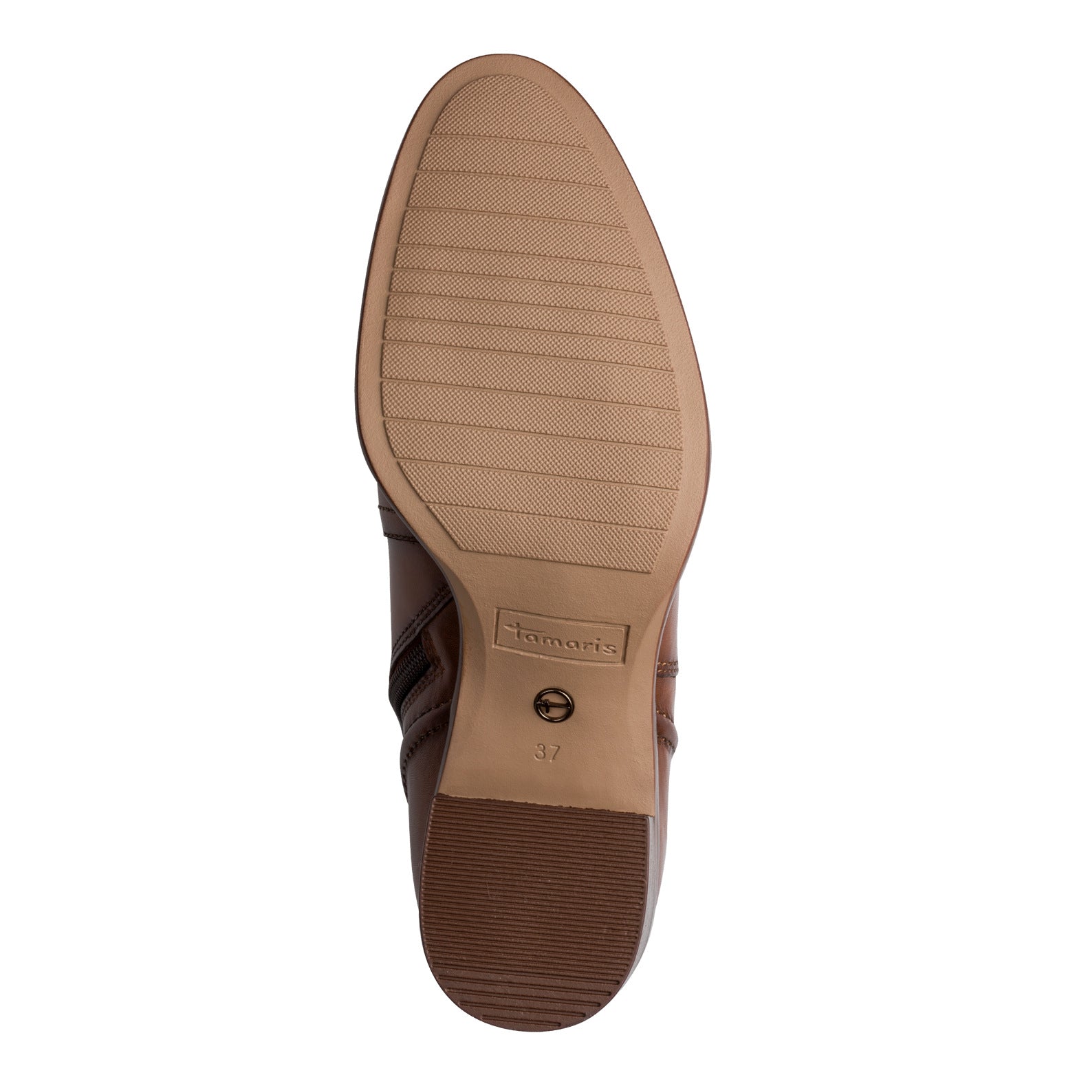 Underside of the cognac Tamaris ankle boot showing the sole and tread pattern.