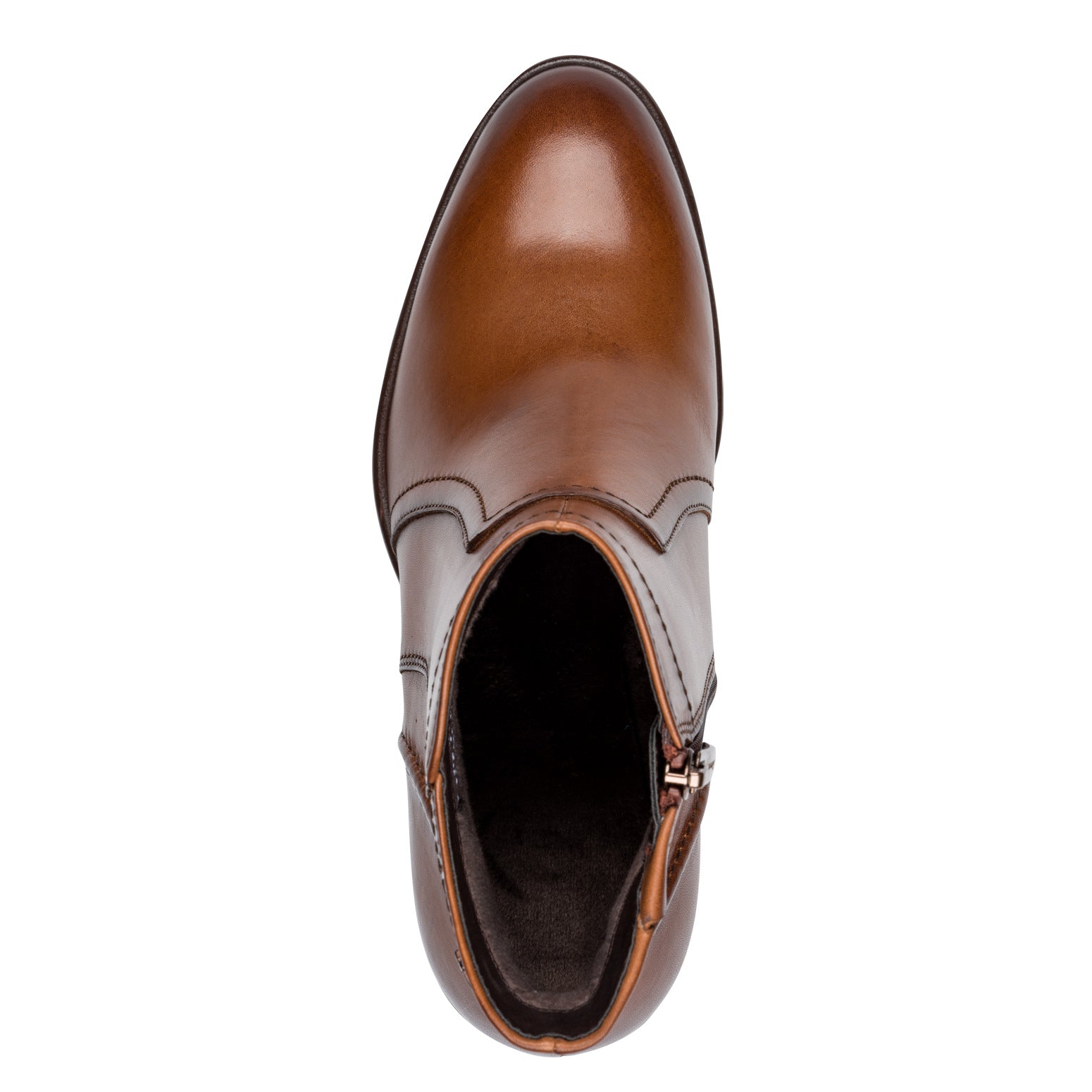 Top view of the cognac Tamaris ankle boot showing the almond toe, opening and side zip.