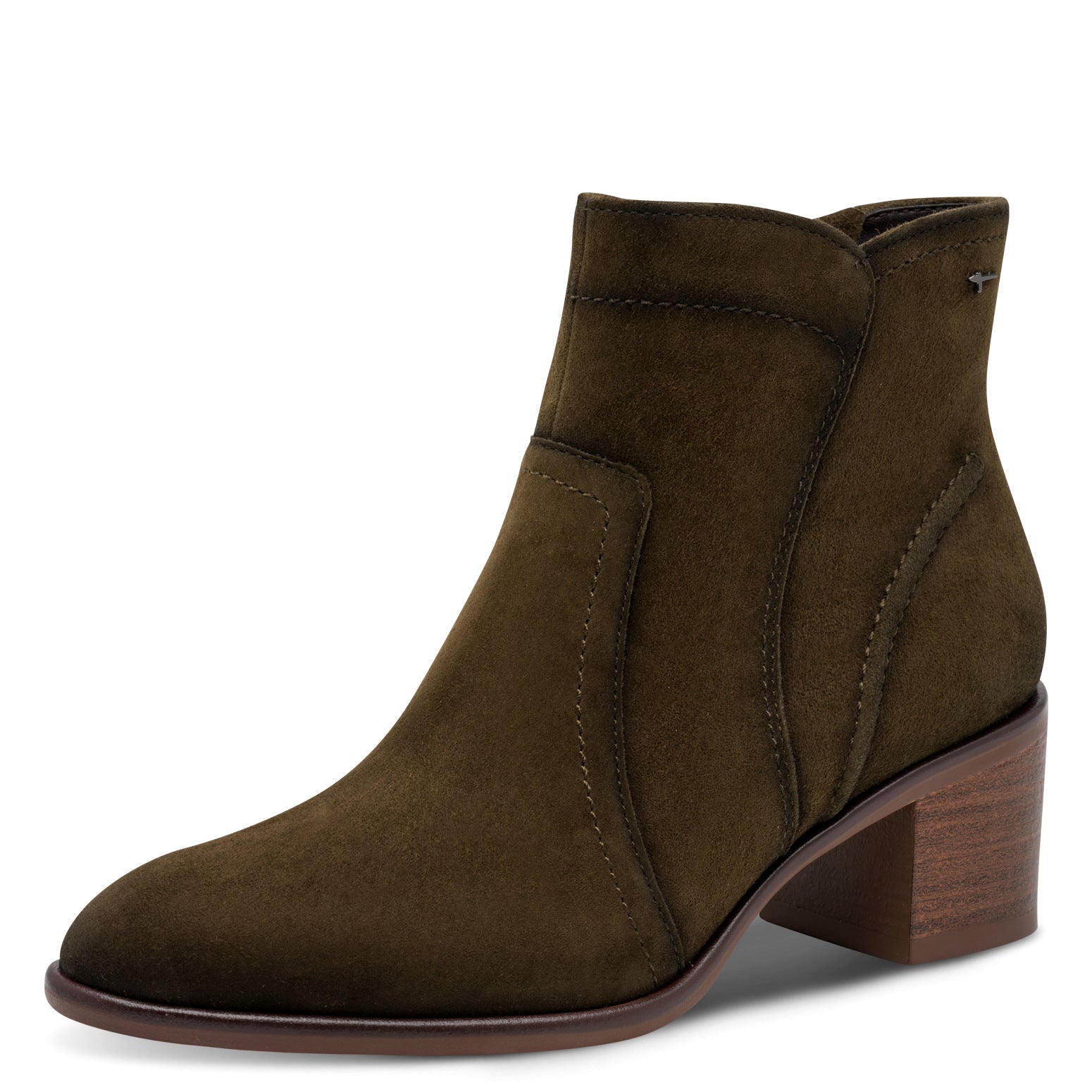 Tamaris women's olive suede leather side zip ankle boot with block heel, front three-quarter view.