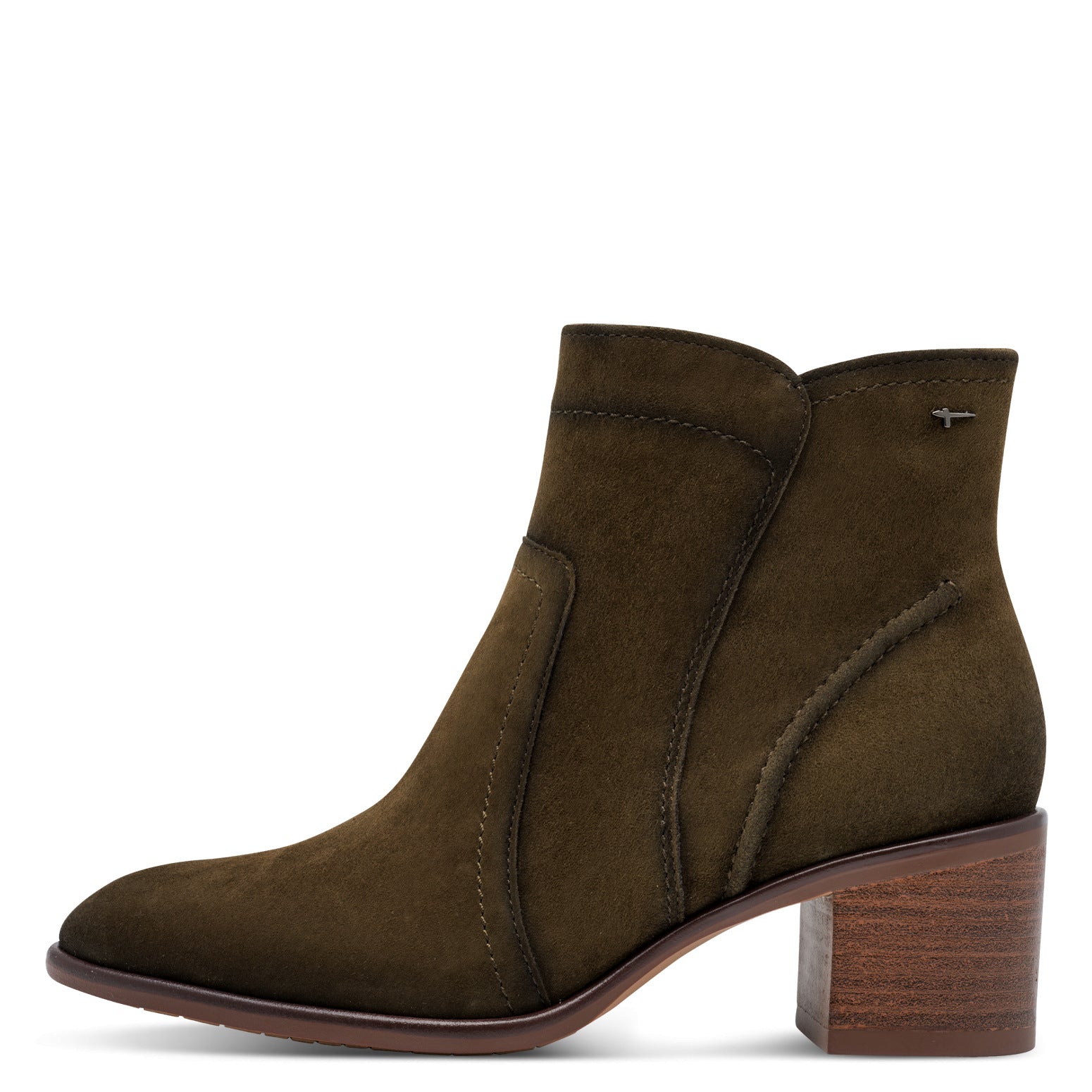 Outer side of the olive suede Tamaris ankle boot showing the stitched suede leather panels and block heel.