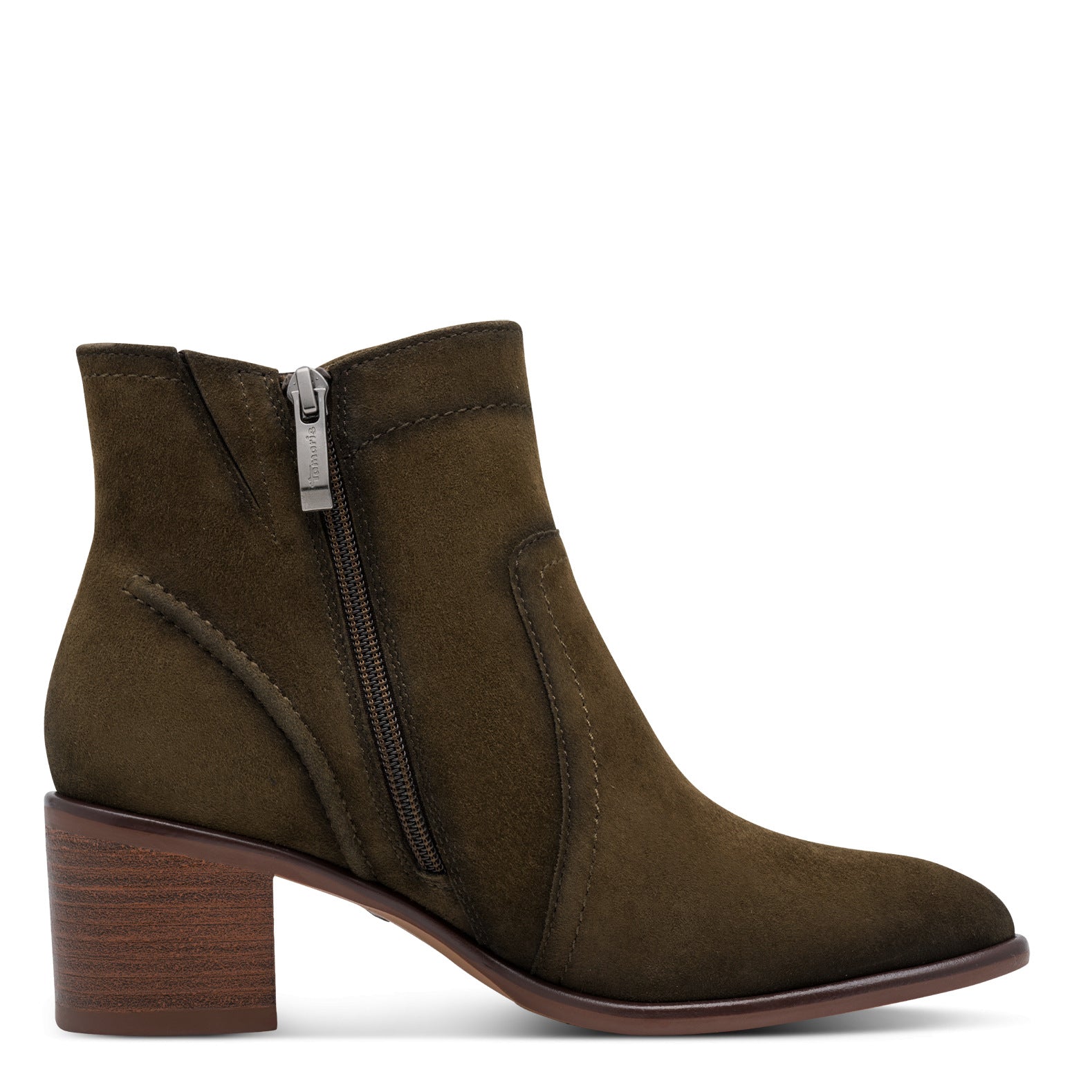 Inner side of the olive suede Tamaris ankle boot showing the side zip and block heel.