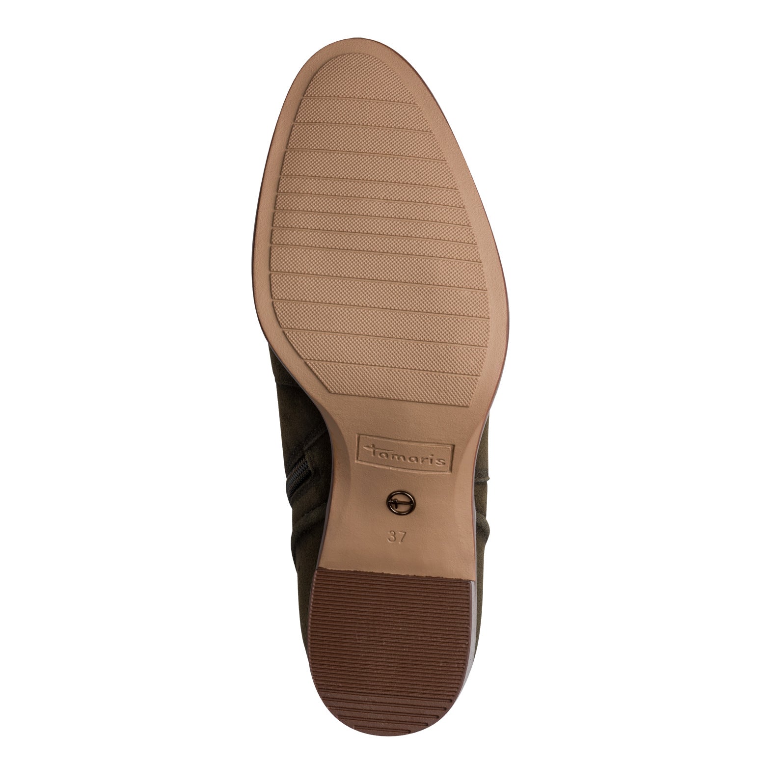 Underside of the olive suede Tamaris ankle boot showing the sole and tread pattern.