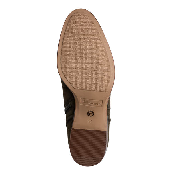 Underside of the olive suede Tamaris ankle boot showing the sole and tread pattern.
