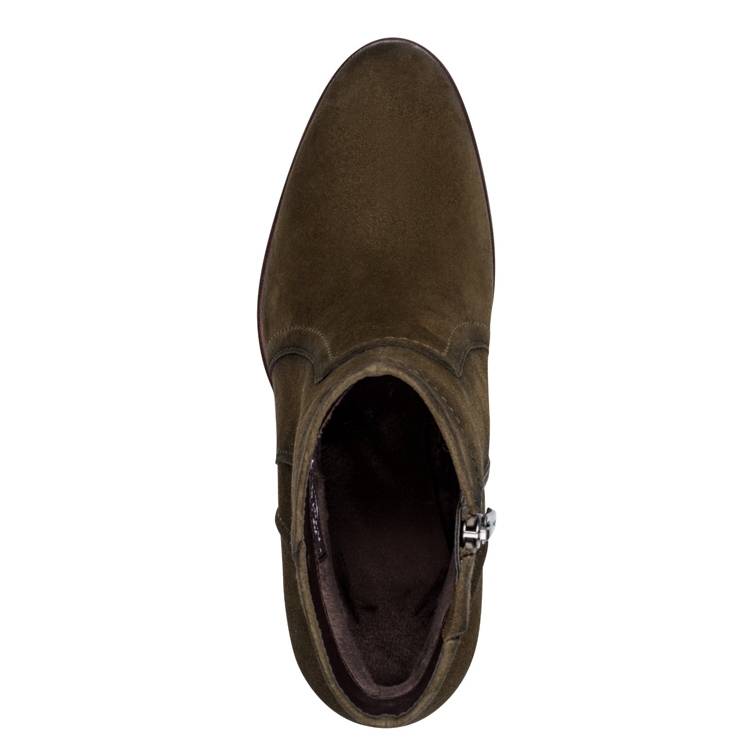 Top view of the olive suede Tamaris ankle boot showing the almond toe, opening and side zip.