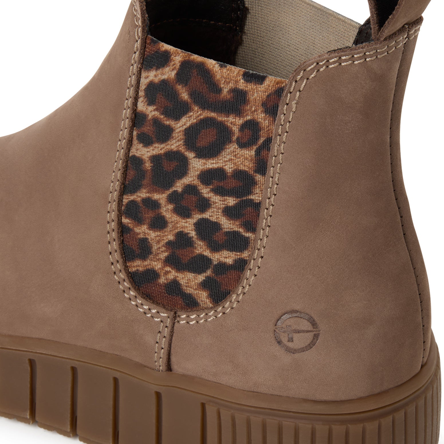 Close-up of the taupe leopard Tamaris Chelsea boot showing the leopard detail, stitching and elastic side panel.