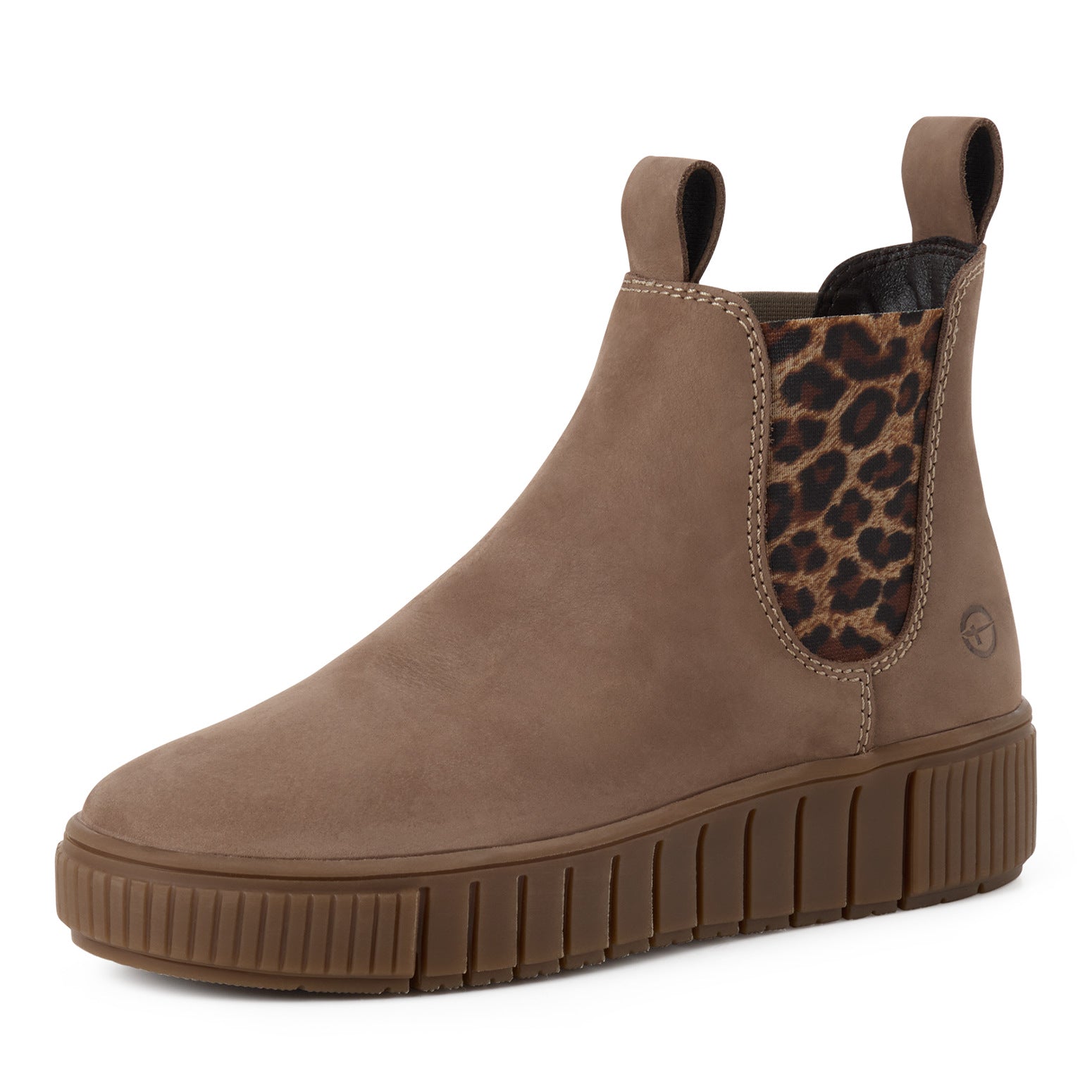 Tamaris women's taupe leather leopard Chelsea ankle boot, front three-quarter view.