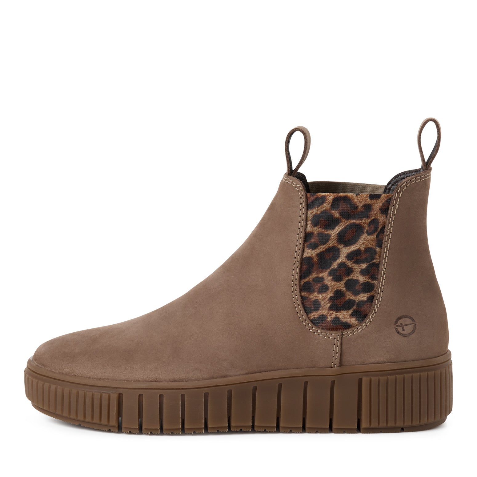 Outer side of the taupe leopard Tamaris Chelsea boot showing the leather upper, elastic panel and low heel.